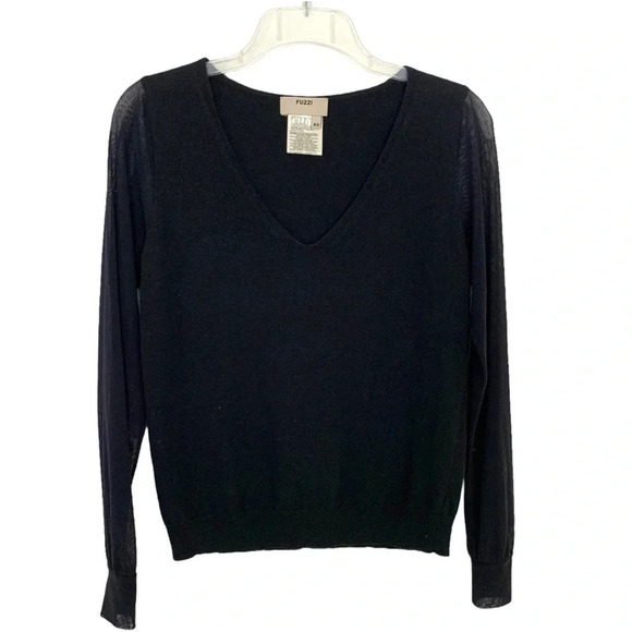 Fuzzi by Jean Paul Gaultier Sweater Sheer Sleeve V Neck Top Black Size XS NWT - Picture 7 of 10